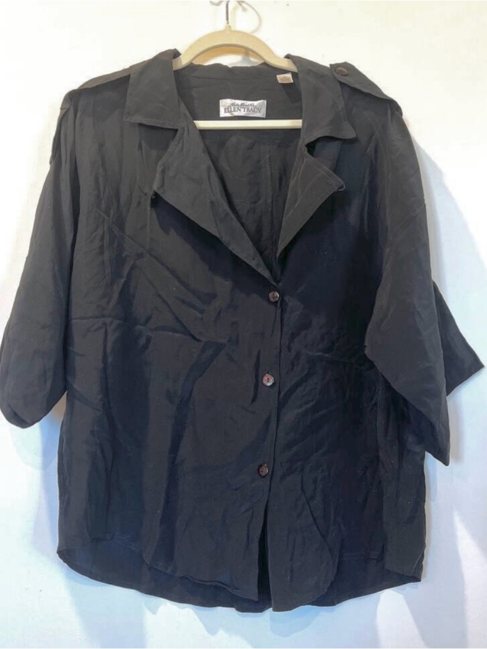 Vtg 90s Linda Allard Ellen Tracy 100% silk black collared blouse 14 capsule